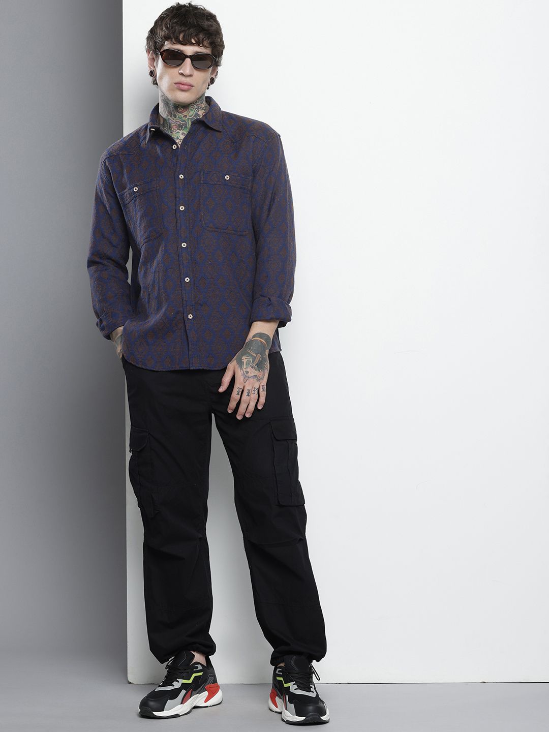 Men's Navy Blue Relaxed Fit Textured Casual Shirt