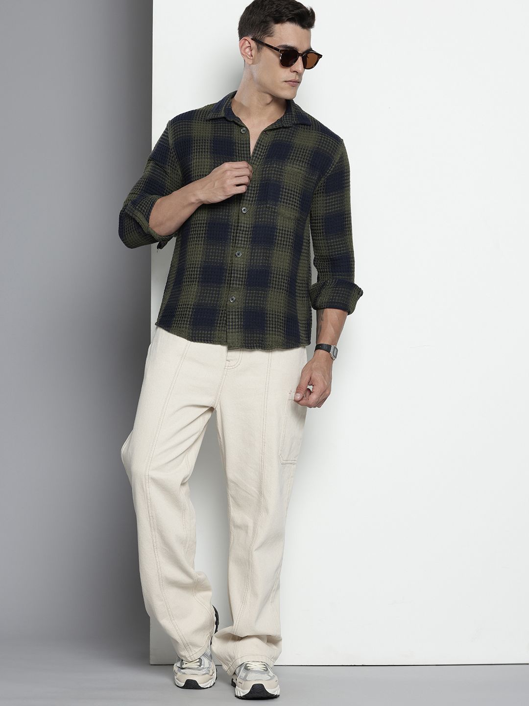 Men's Olive Relaxed Fit Textured Casual Shirt