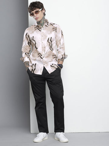 Men's Cream Slim Fit Printed Party Wear Shirt