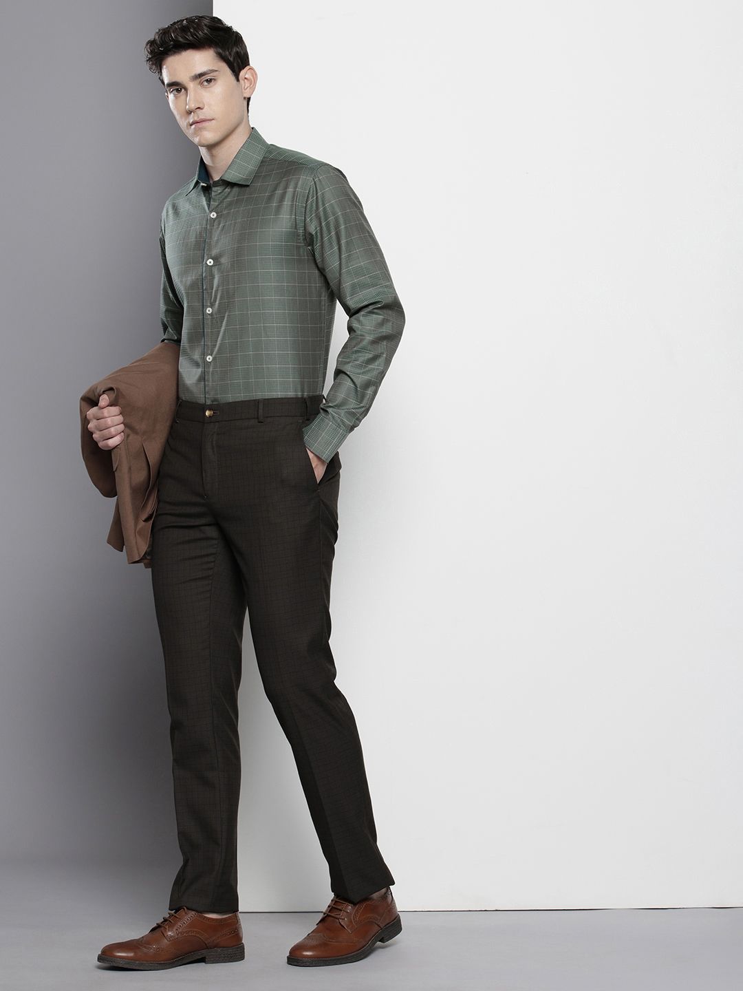 Men's Olive Slim Fit Checked Formal Shirt