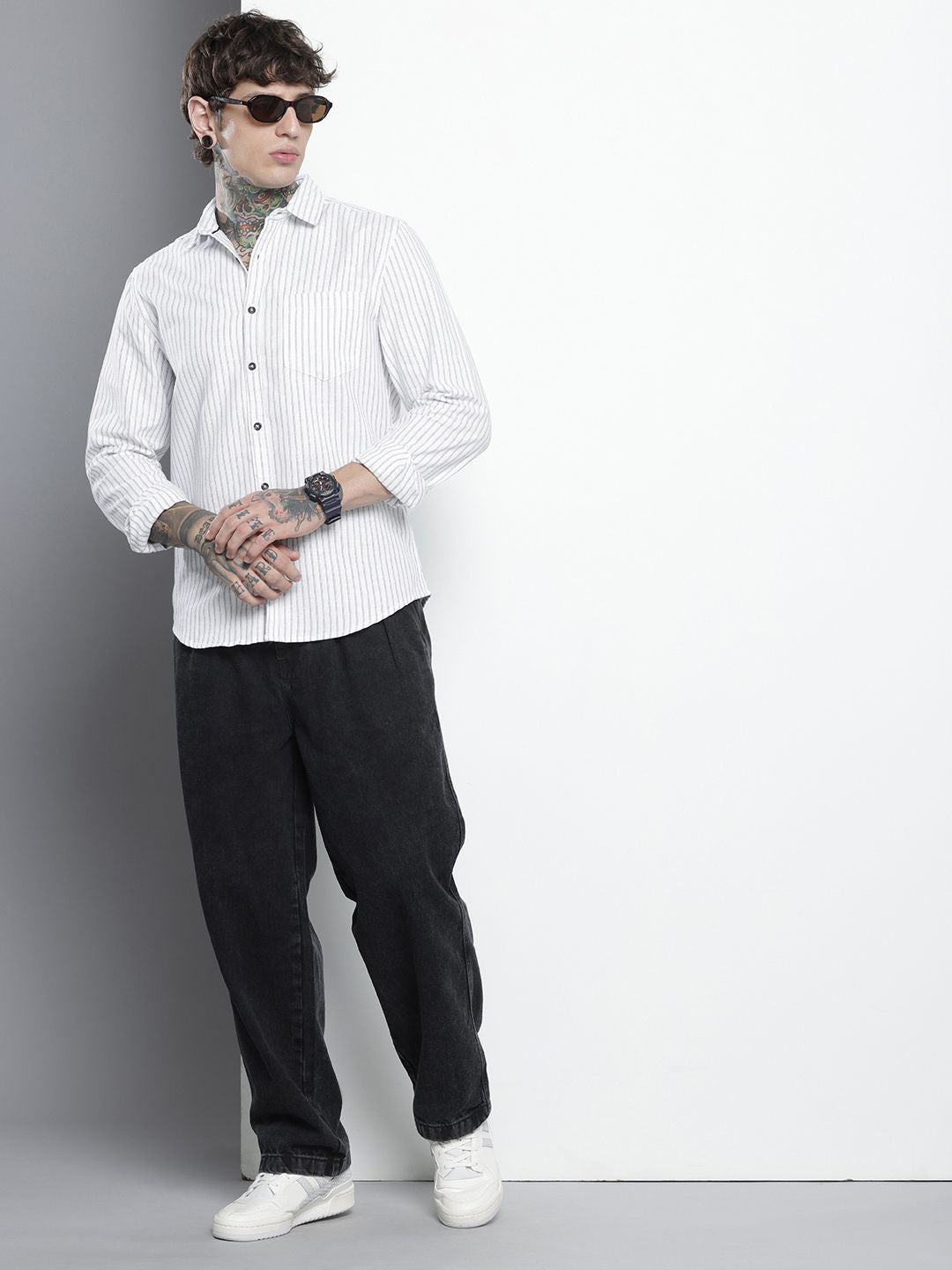 Men's White Slim Fit Striped Casual Shirt