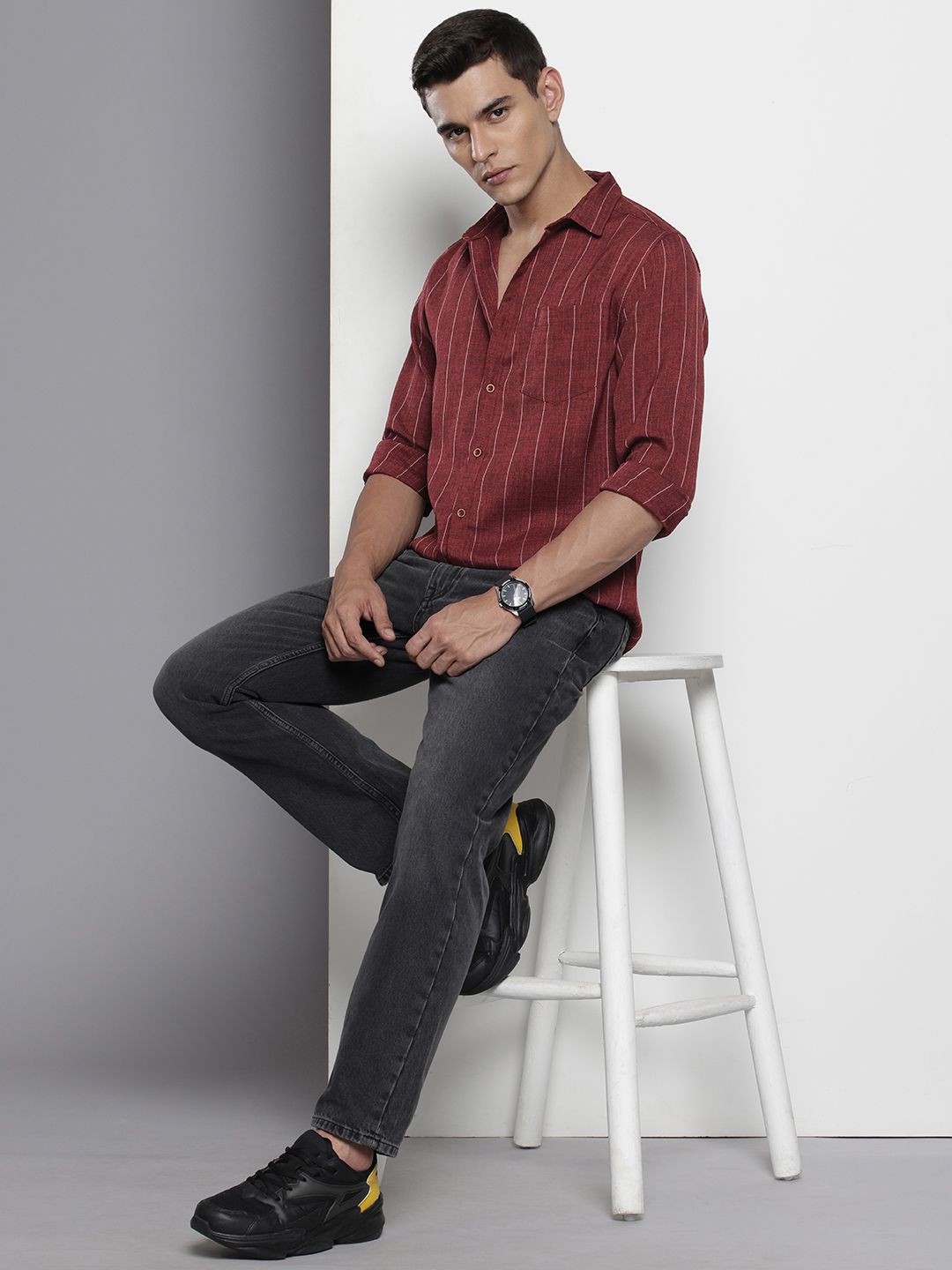 Men's Maroon Slim Fit Striped Casual Shirt