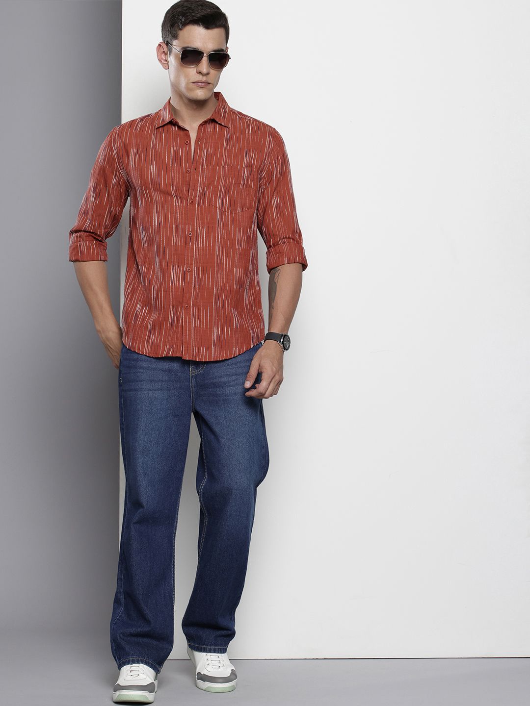 Men's Rust Slim Fit Striped Casual Shirt