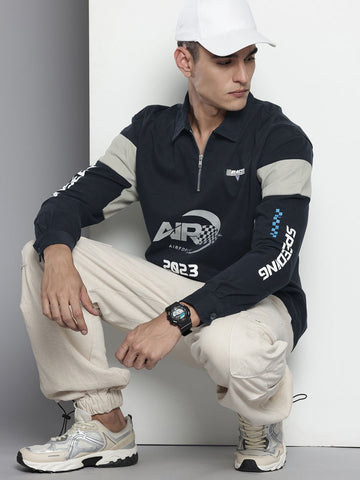 Men's Navy Blue Regular Fit Graphic Printed Street Wear Shirt