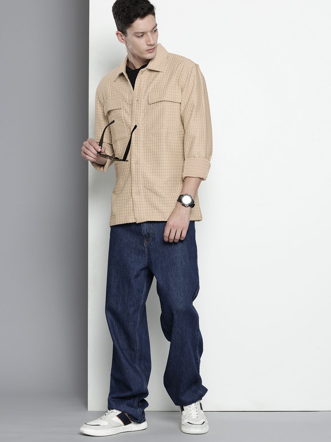 Men's Cream Regular Fit Solid Textured Shirt