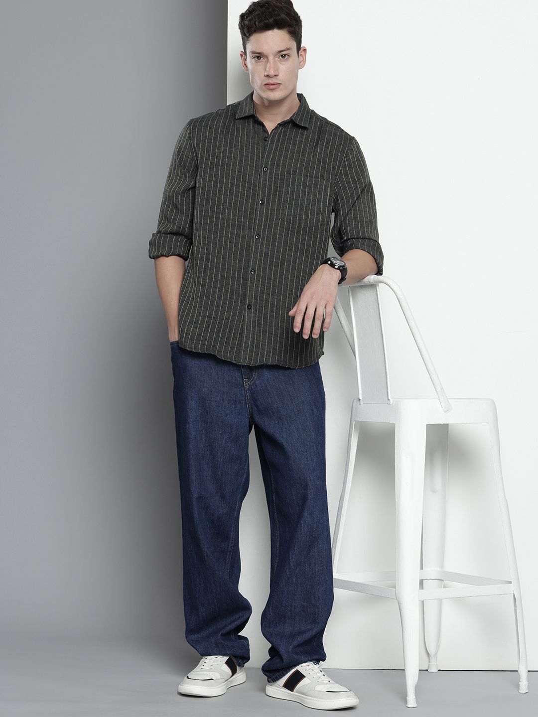 Men's Charcoal Slim Fit Striped Casual Shirt