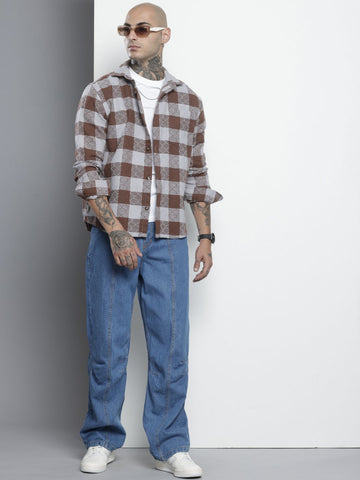 Men's Brown Relaxed Fit Checked Textured Shirt