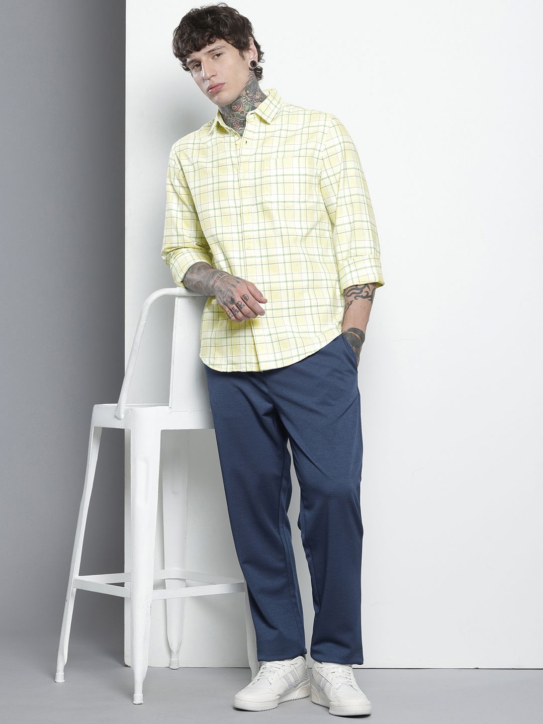 Men's Yellow Slim Fit Checked Casual Shirt