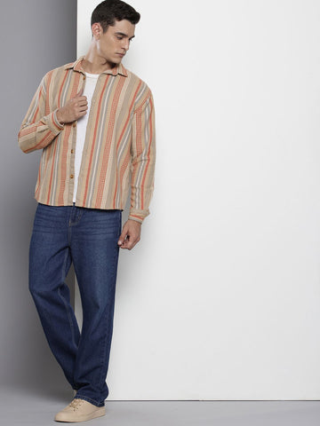 Men's Brown Relaxed Fit Striped Textured Shirt