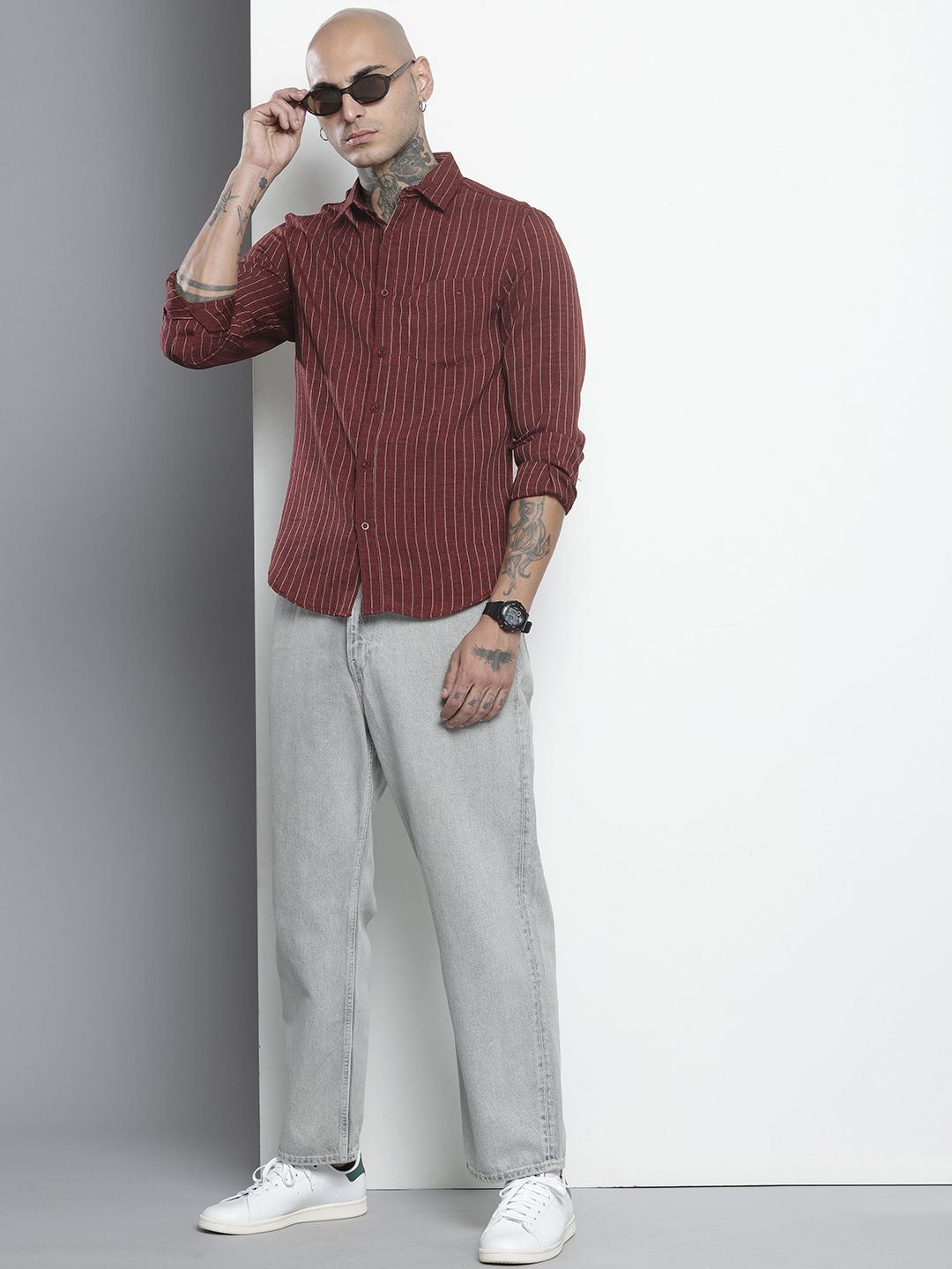 Men's Maroon Slim Fit Striped Casual Shirt