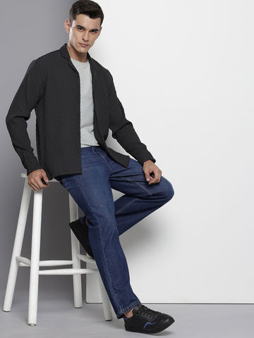Men's Black Relaxed Fit Solid Textured Shirt