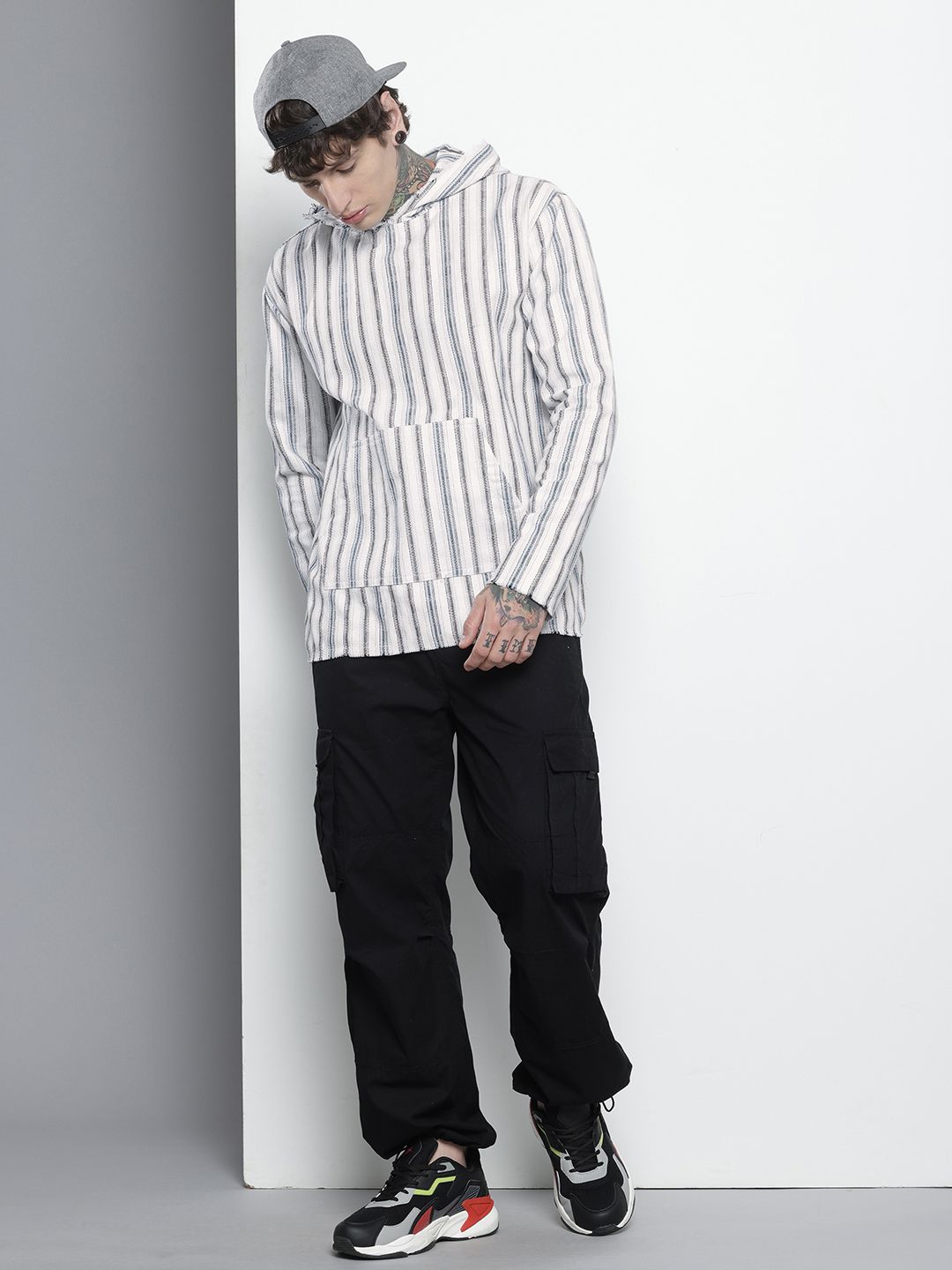 Men's Grey Relaxed Fit Vertical Stripes Resort Wear Shirt