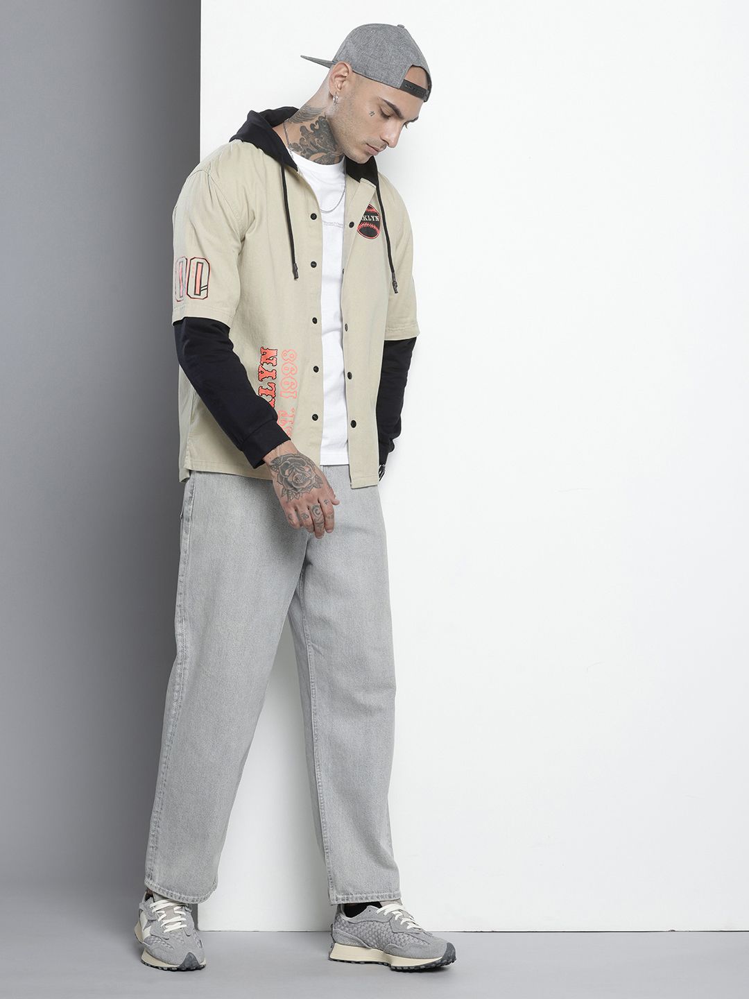 Men's Cream Regular Fit Graphic Print Street Wear Overshirt
