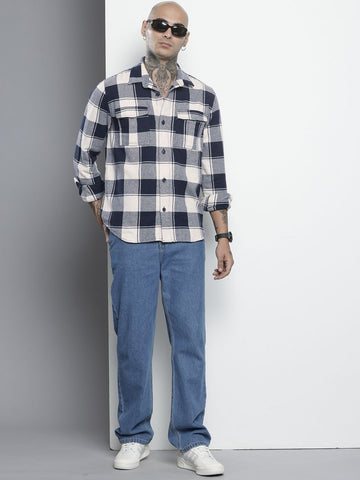 Men's Navy Blue Regular Fit Checked Casual Shirt