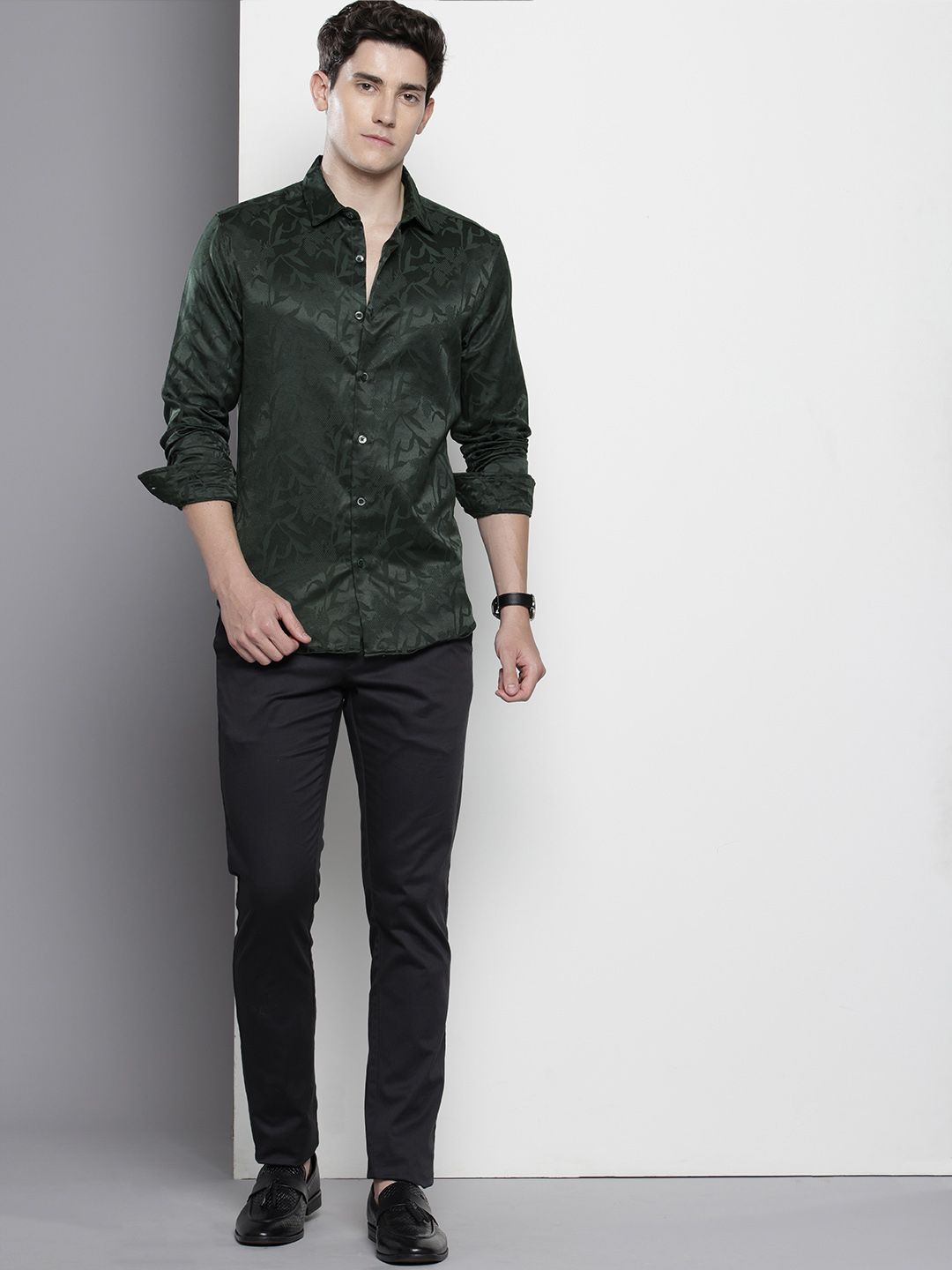 Men's Green Slim Fit Textured Party Wear Shirt