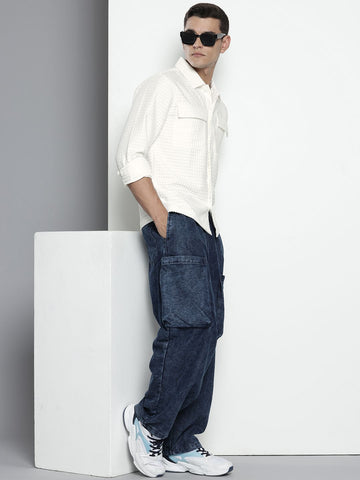 Men's White Regular Fit Solid Textured Shirt