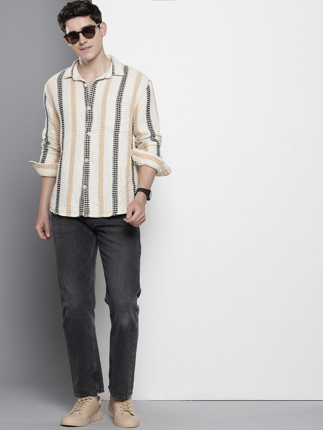 Men's Cream Relaxed Fit Textured Casual Shirt