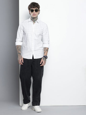 Men's White Slim Fit Checked Casual Shirt