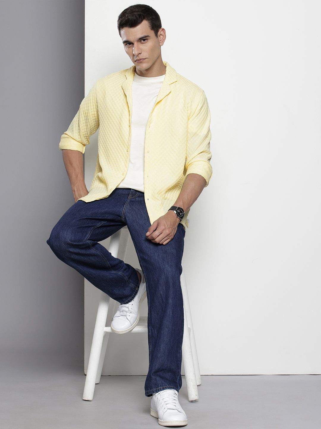 Men's Yellow Relaxed Fit Solid Textured Shirt