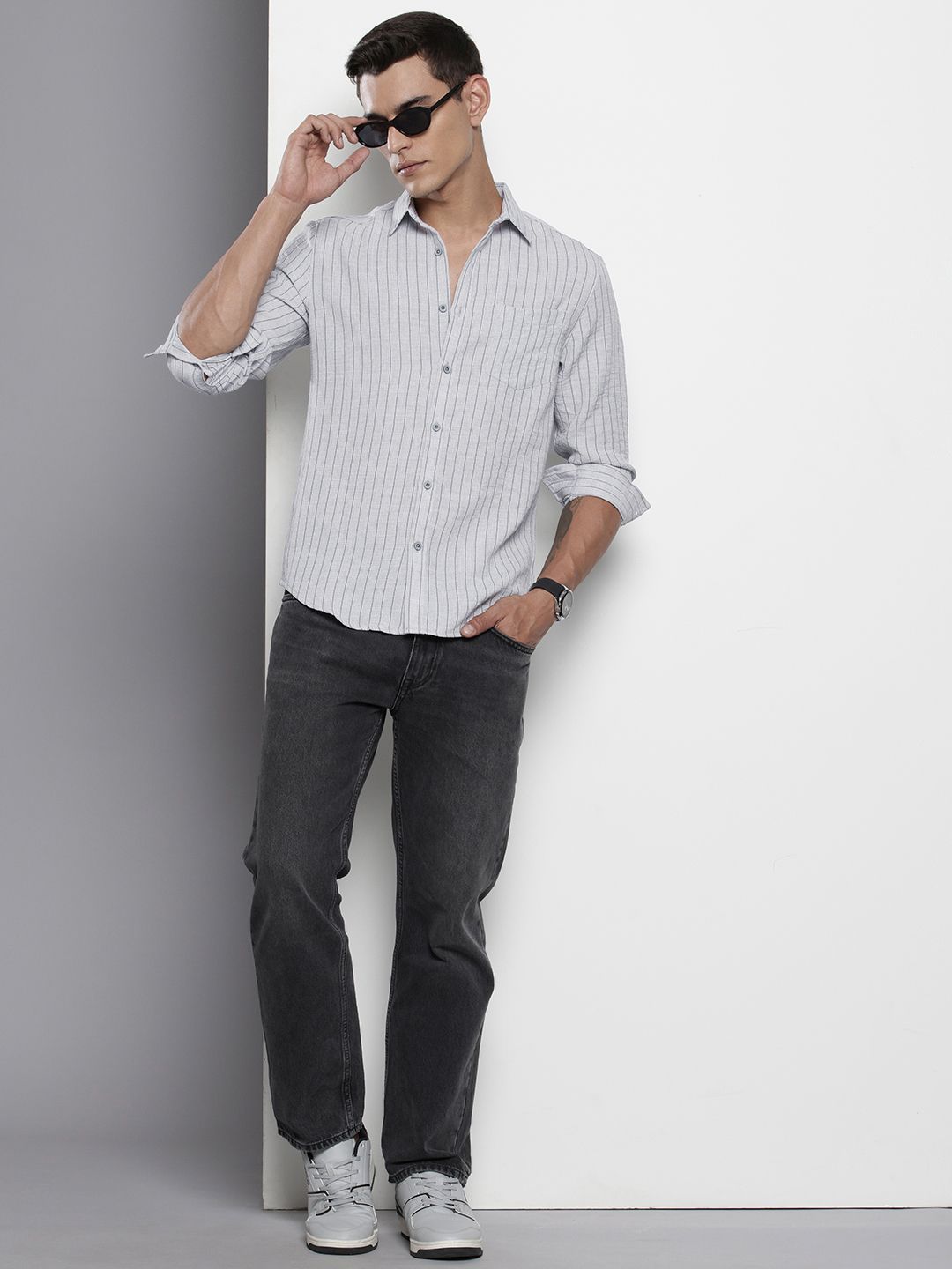 Men's Grey Slim Fit Striped Casual Shirt