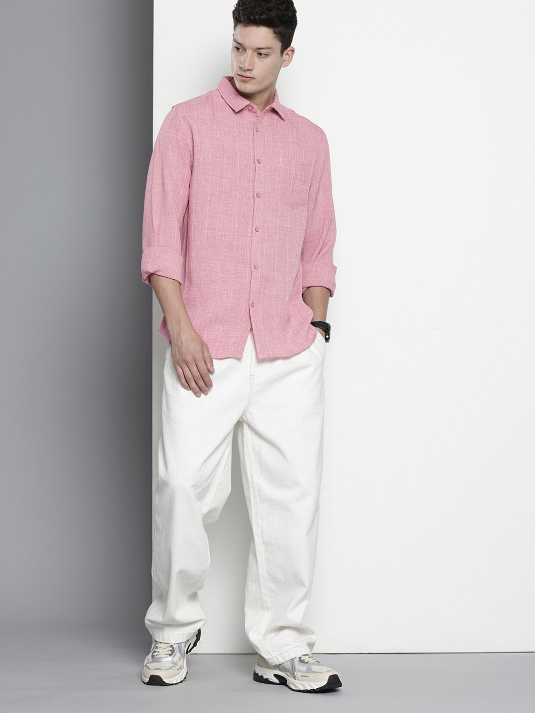 Men's Pink Slim Fit Striped Casual Shirt