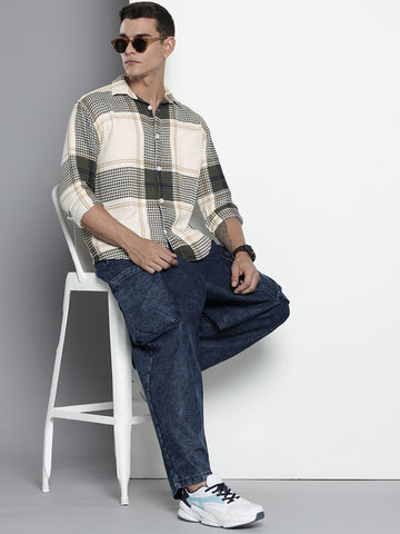 Men's Cream Relaxed Fit Textured Casual Shirt