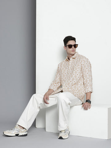 Men's Beige Relaxed Fit Printed Vintage Shirt