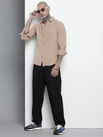 Men's Brown Slim Fit Striped Casual Shirt