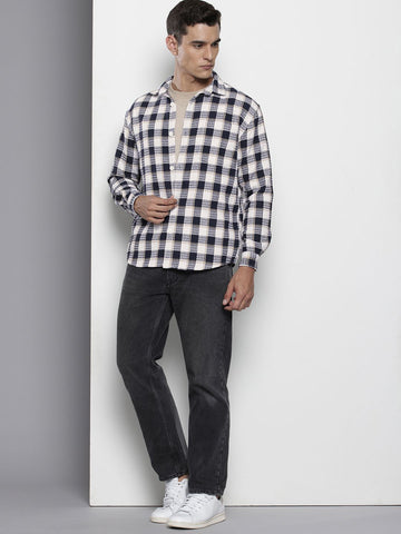 Men's Navy Blue Relaxed Fit Checked Textured Shirt