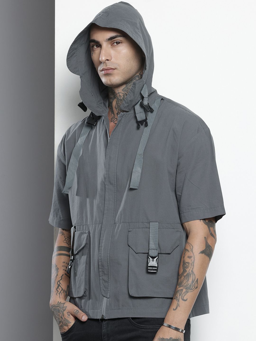 Men's Grey Boxy Fit Solid Street Shirt