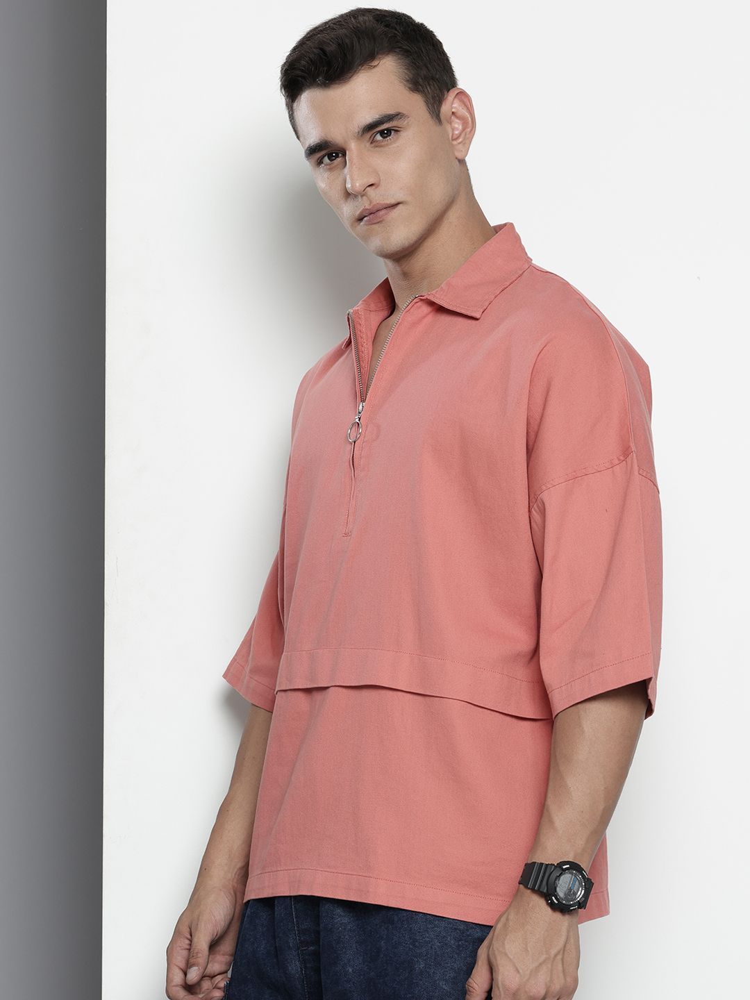 Men's Pink Oversized Solid Street Wear Shirt