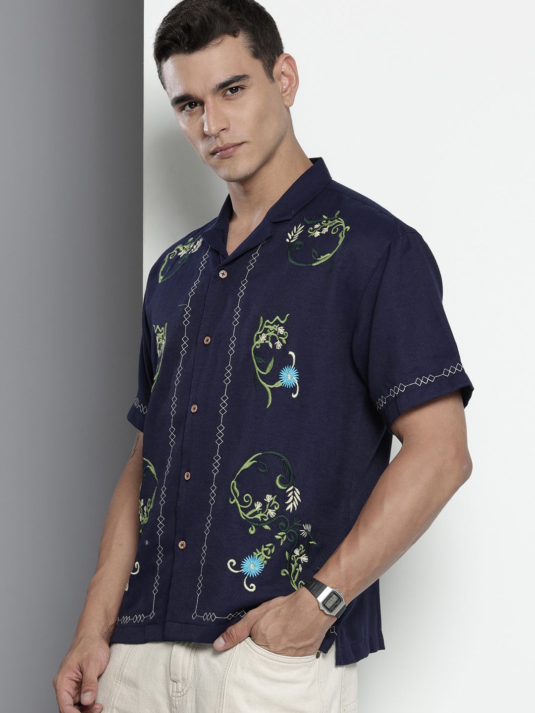Men's Blue Relaxed Fit Solid Resort Wear Shirt