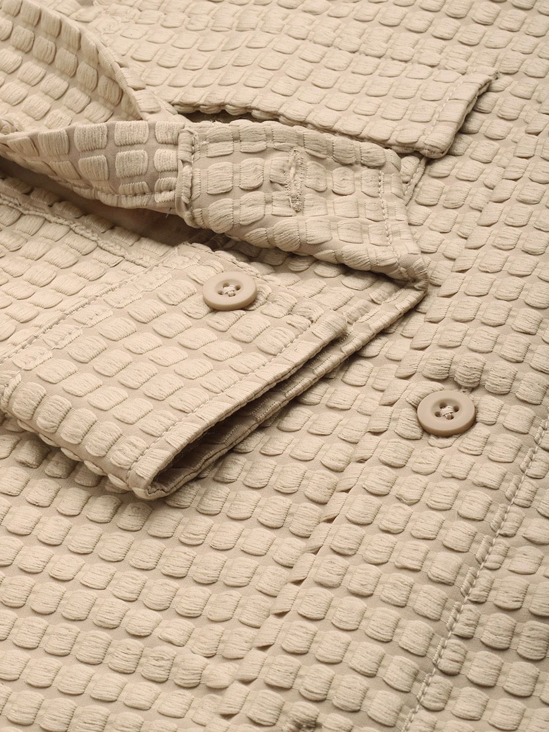 Men's Cream Regular Fit Solid Textured Shirt