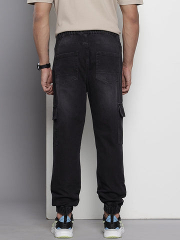 Men's Black Regular Fit Solid Stretchable Denim Joggers