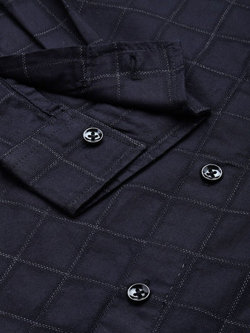Men's Navy Blue Slim Fit Checked Casual Shirt