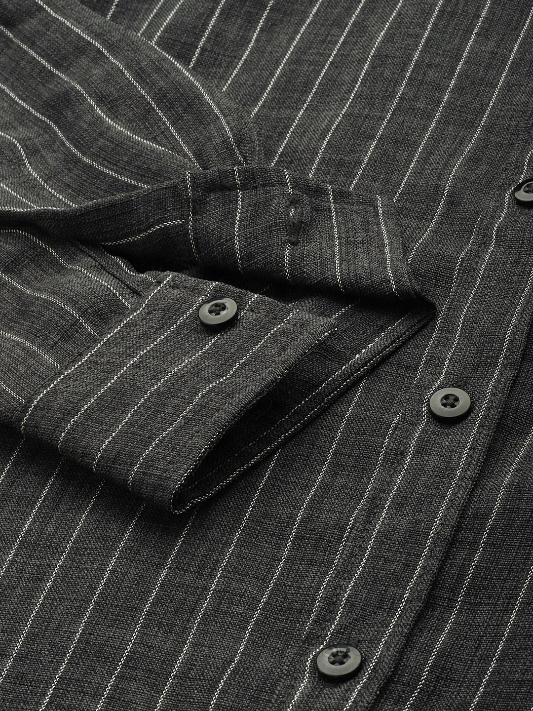 Men's Charcoal Slim Fit Striped Casual Shirt