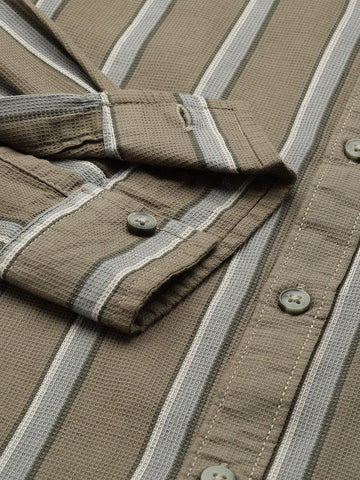 Men's Olive Slim Fit Striped Casual Shirt