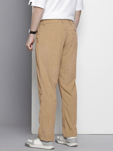 Men's Light Khaki Regular Fit Textured Casual Trouser