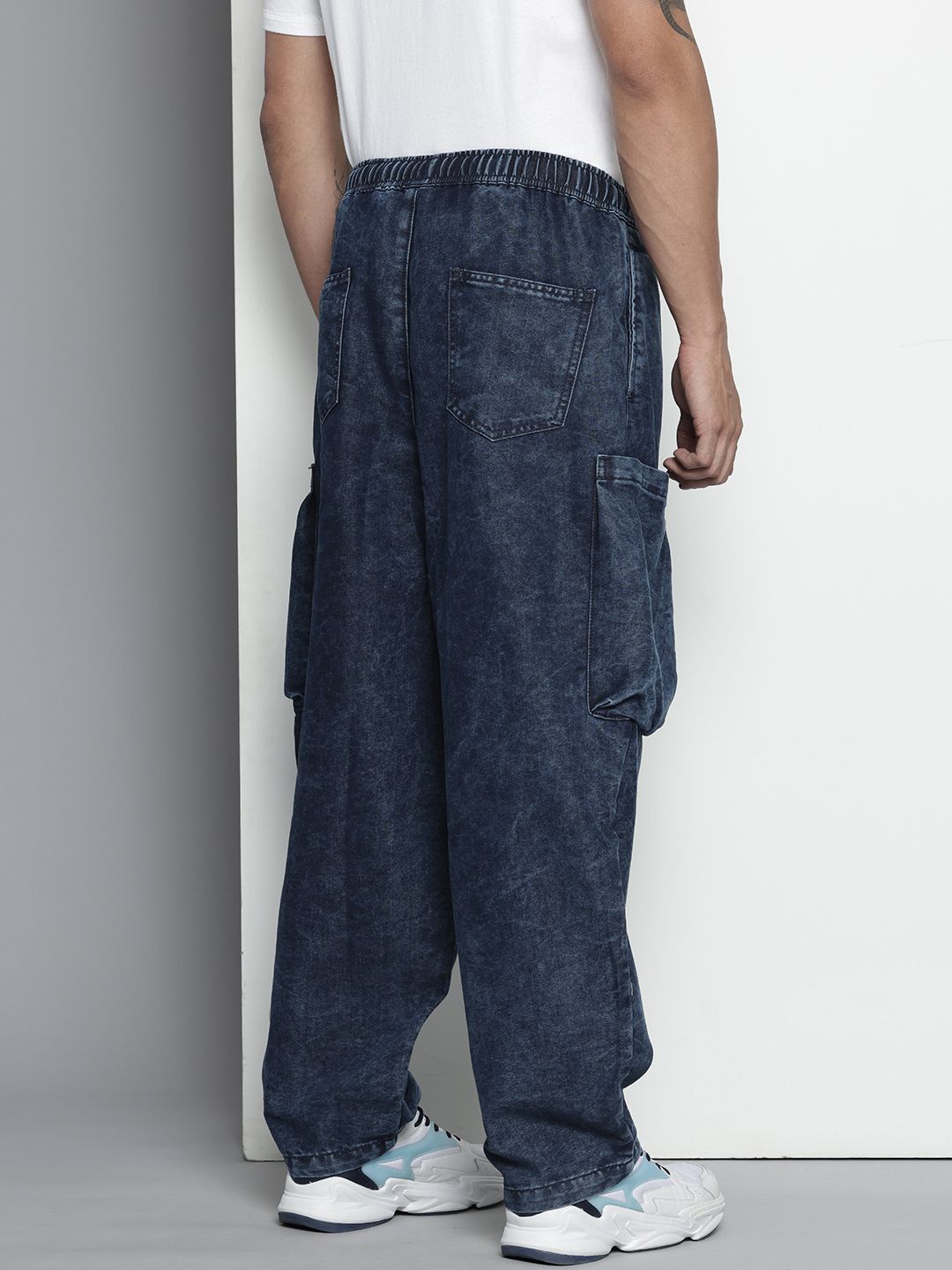 Men's Blue Loose Solid Denim Cargo Harem Pants