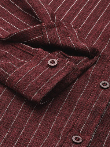 Men's Maroon Slim Fit Striped Casual Shirt