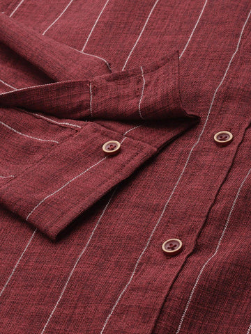 Men's Maroon Slim Fit Striped Casual Shirt