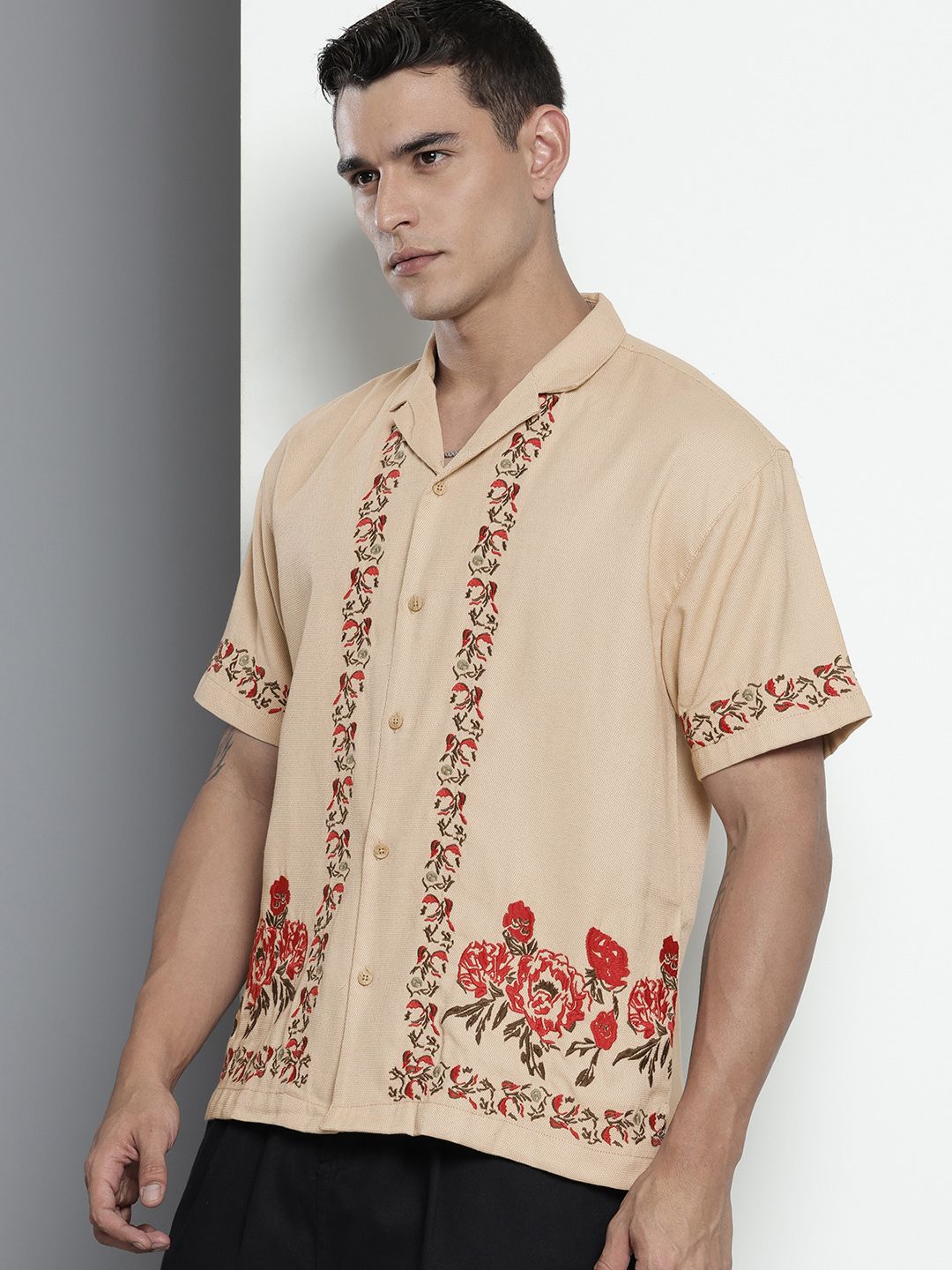 Men's Khaki Relaxed Fit Embroided  Resort Wear Shirt