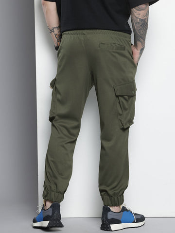 Men's Olive Relaxed Fit Textured Cargo Joggers