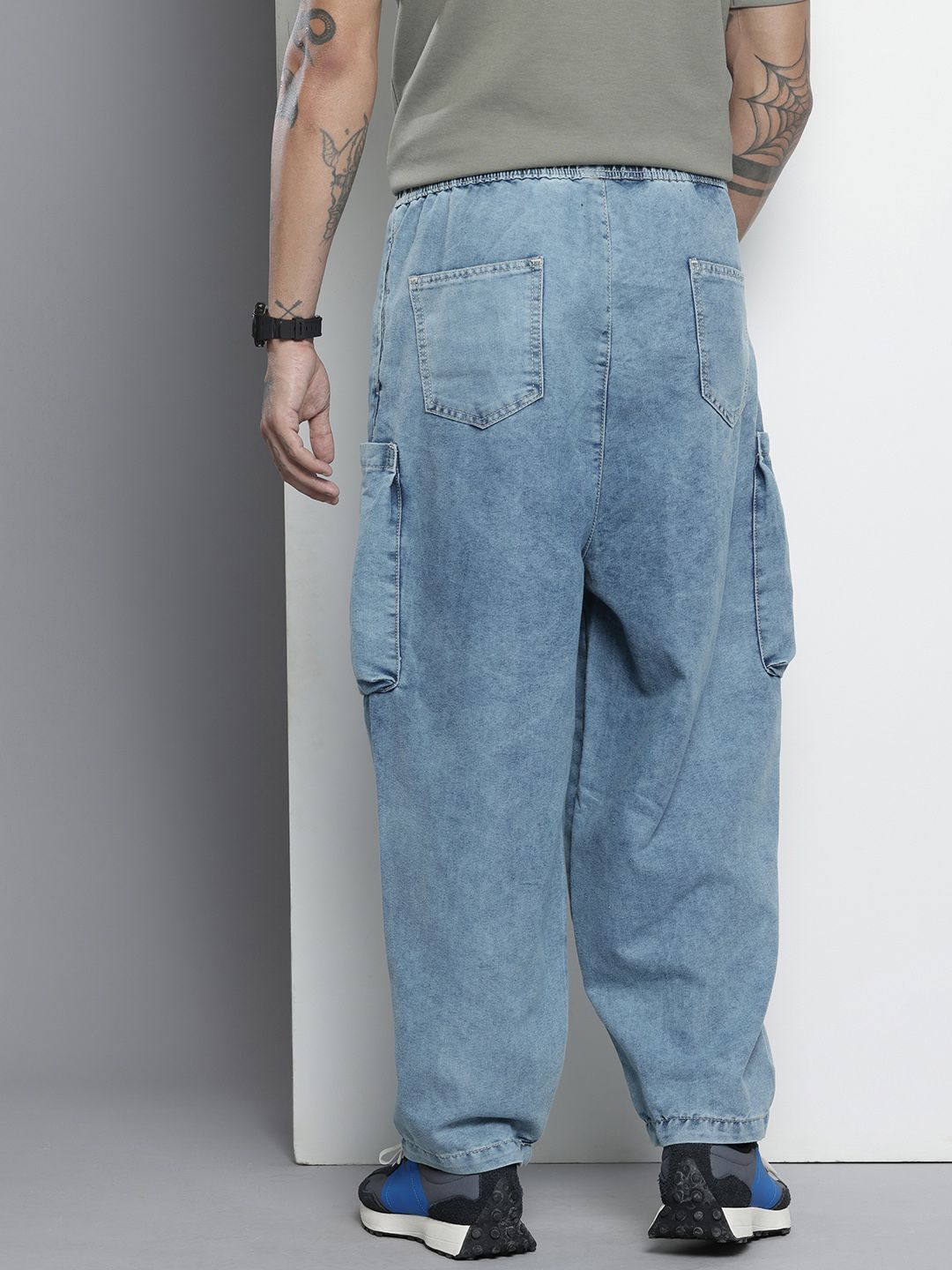 Men's Blue Loose Solid Denim Cargo Harem Pants