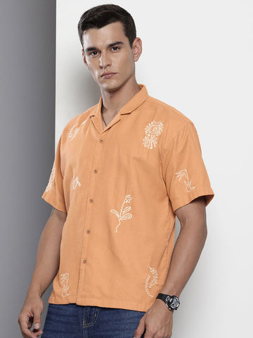 Men's Yellow Relaxed Fit Solid Resort Wear Shirt