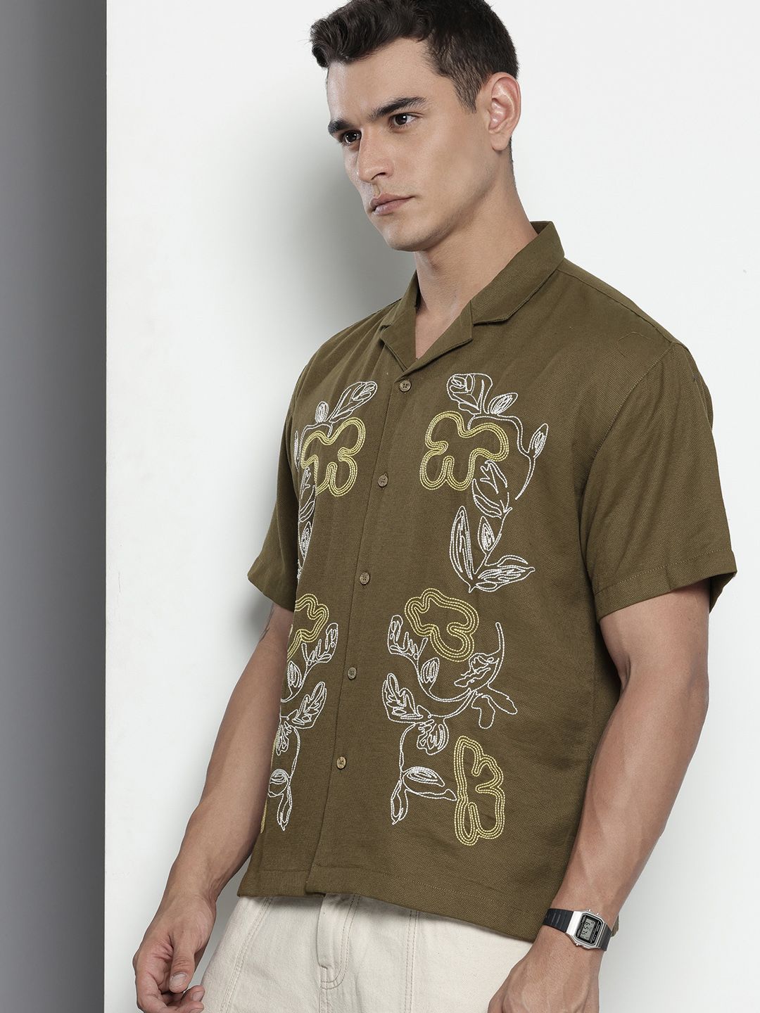 Men's Olive Relaxed Fit Solid Resort Wear Shirt