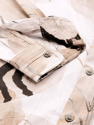 Men's Cream Slim Fit Printed Party Wear Shirt