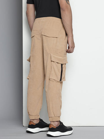 Men's Khaki Relaxed Fit Textured Corduroy Loose Joggers