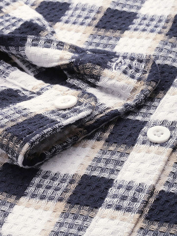 Men's Navy Blue Relaxed Fit Checked Textured Shirt