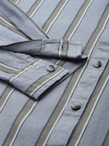 Men's Grey Slim Fit Striped Casual Shirt